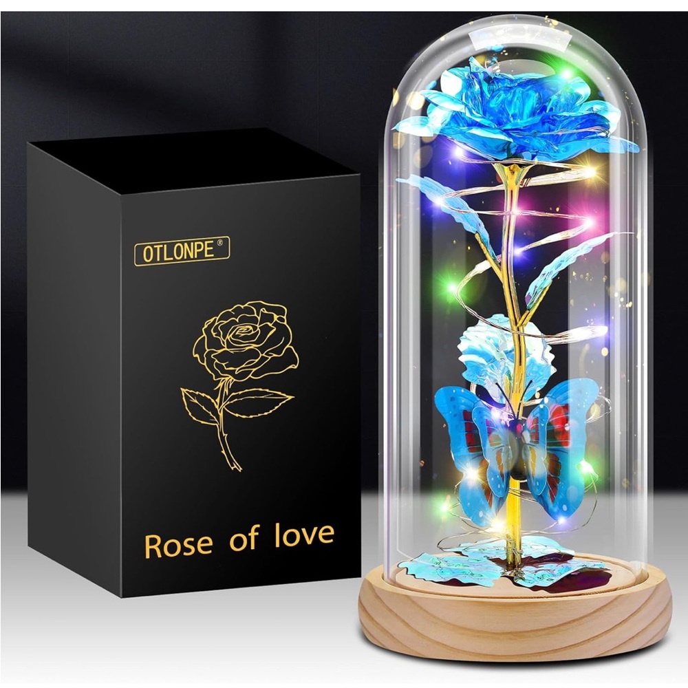 OTLONPE rose of love blue with wood base LED light up glass rose flower NEW